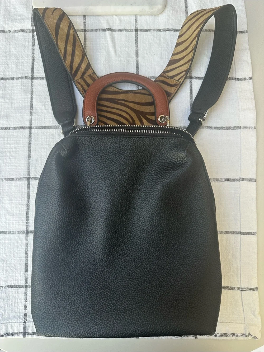 INZI Black Leather Backpack with Brown Zebra Straps